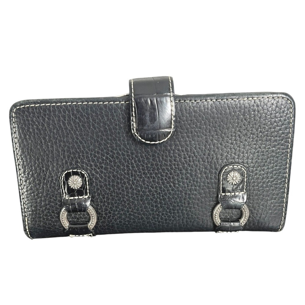 Brighton Black Grained Leather Kiss Lock Bifold Organizer Wallet Silver Western